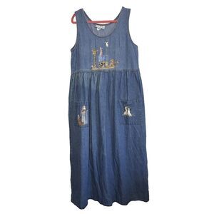 Vintage 90s Noah’s Ark Denim Chambray Dress Medium Cotton Teacher Long Dress